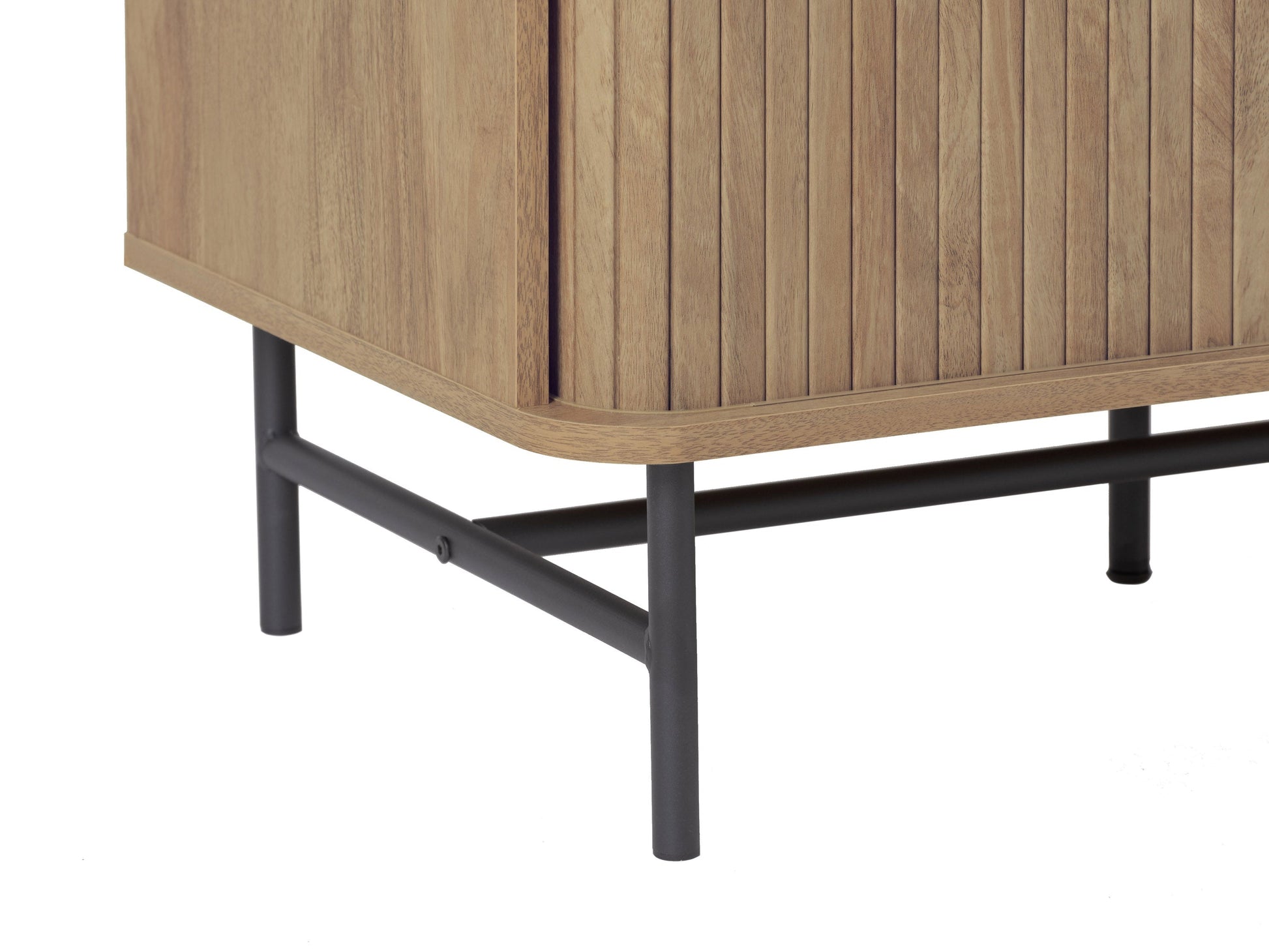 Curved sideboard buffet with oak finish, sleek black metal legs, and spacious storage compartments.