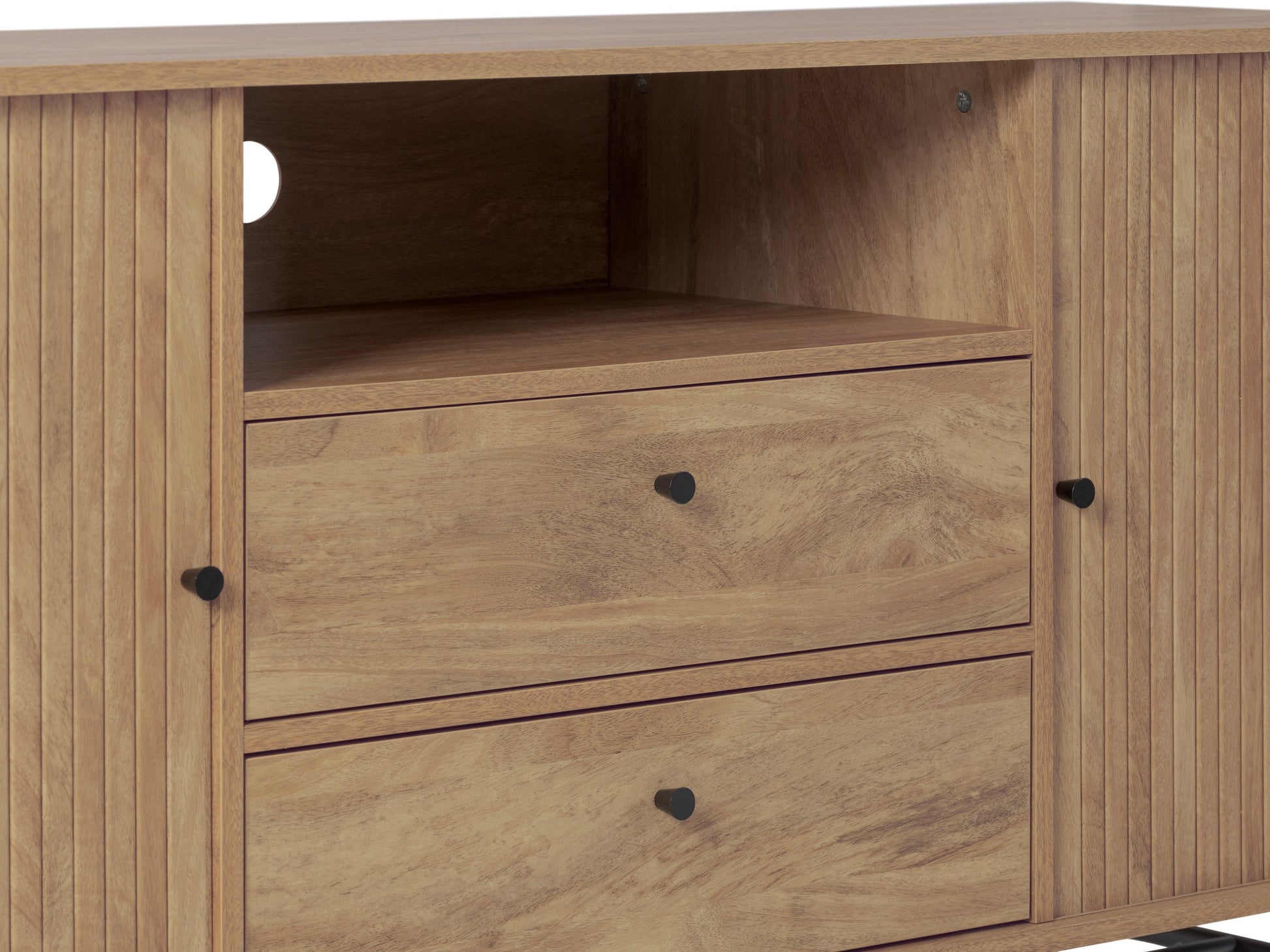 Curved sideboard buffet with light wood finish, sleek metal legs, and spacious storage compartments.