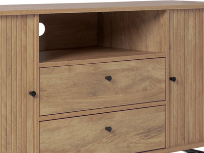 Curved sideboard buffet with light wood finish, sleek metal legs, and spacious storage compartments.