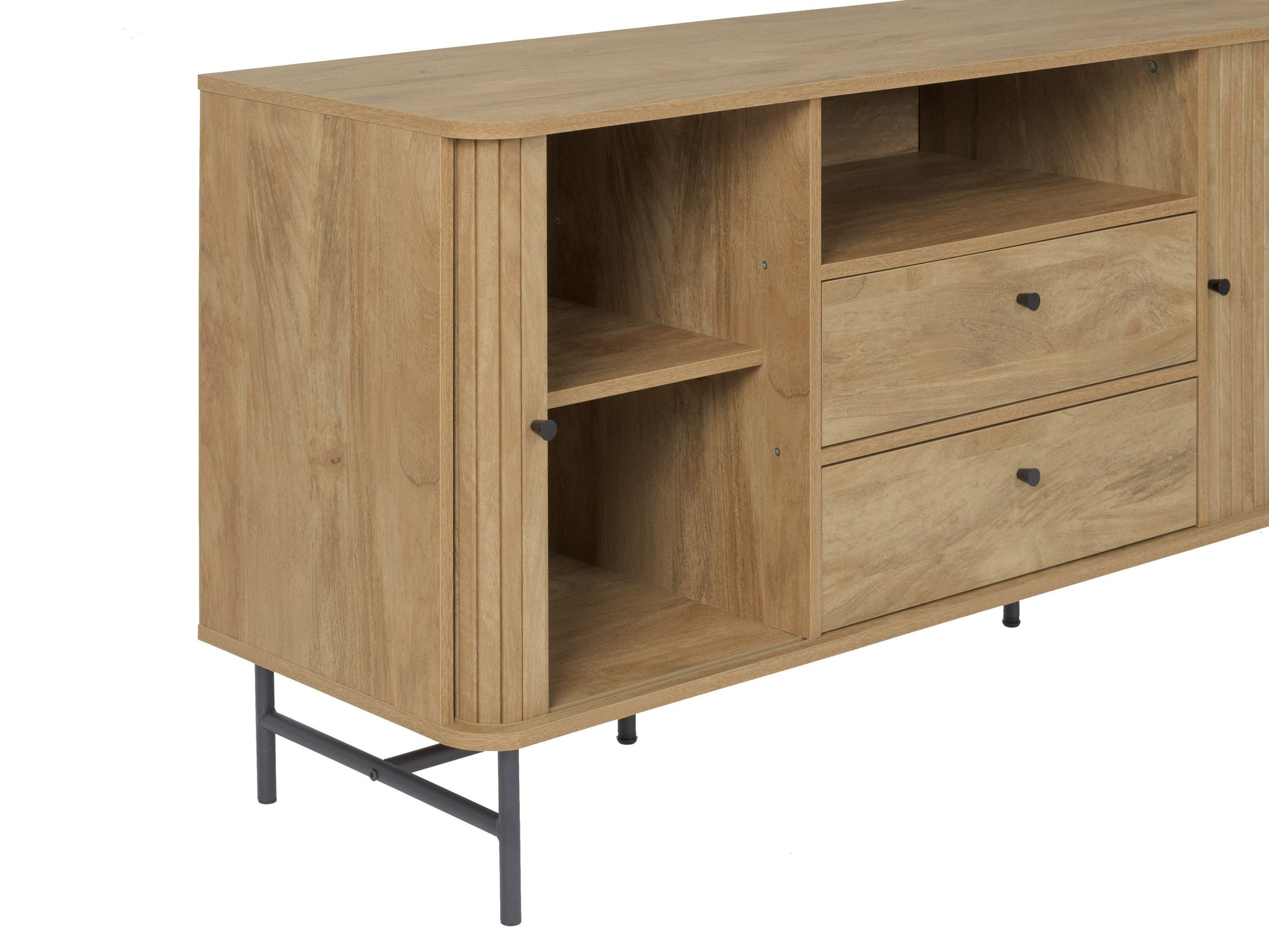 Curved sideboard buffet with dark walnut finish, sleek metal legs, and ample storage space.