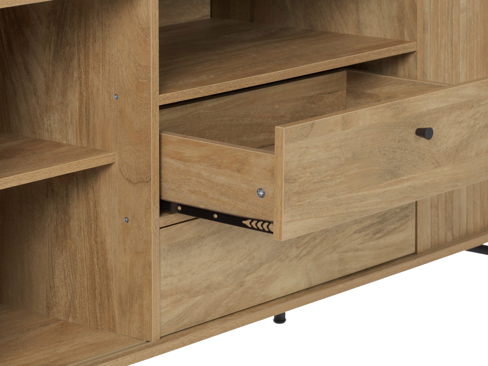 Curved sideboard buffet with dark walnut finish, sleek metal handles, and ample storage space.
