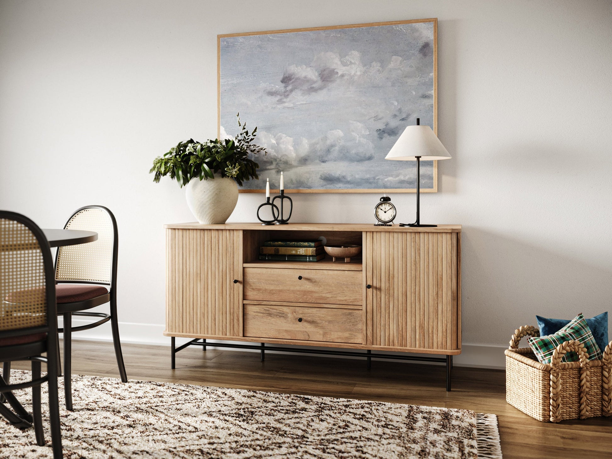 Curved sideboard buffet with walnut finish, sleek black metal legs, and spacious storage compartments.