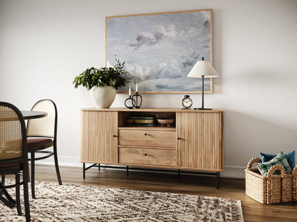 Curved sideboard buffet with walnut finish, sleek black metal legs, and spacious storage compartments.