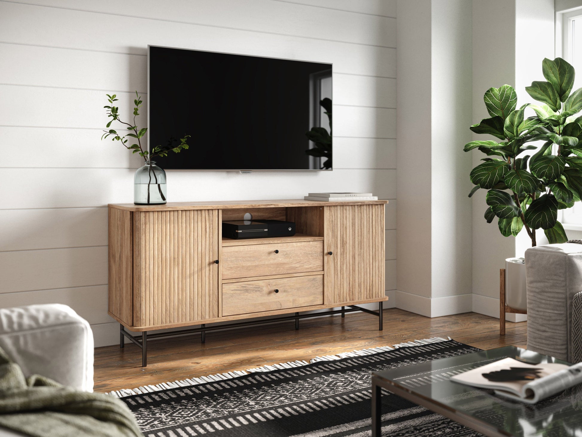 Curved sideboard buffet with walnut finish, sleek metal legs, and ample storage space for modern interiors.