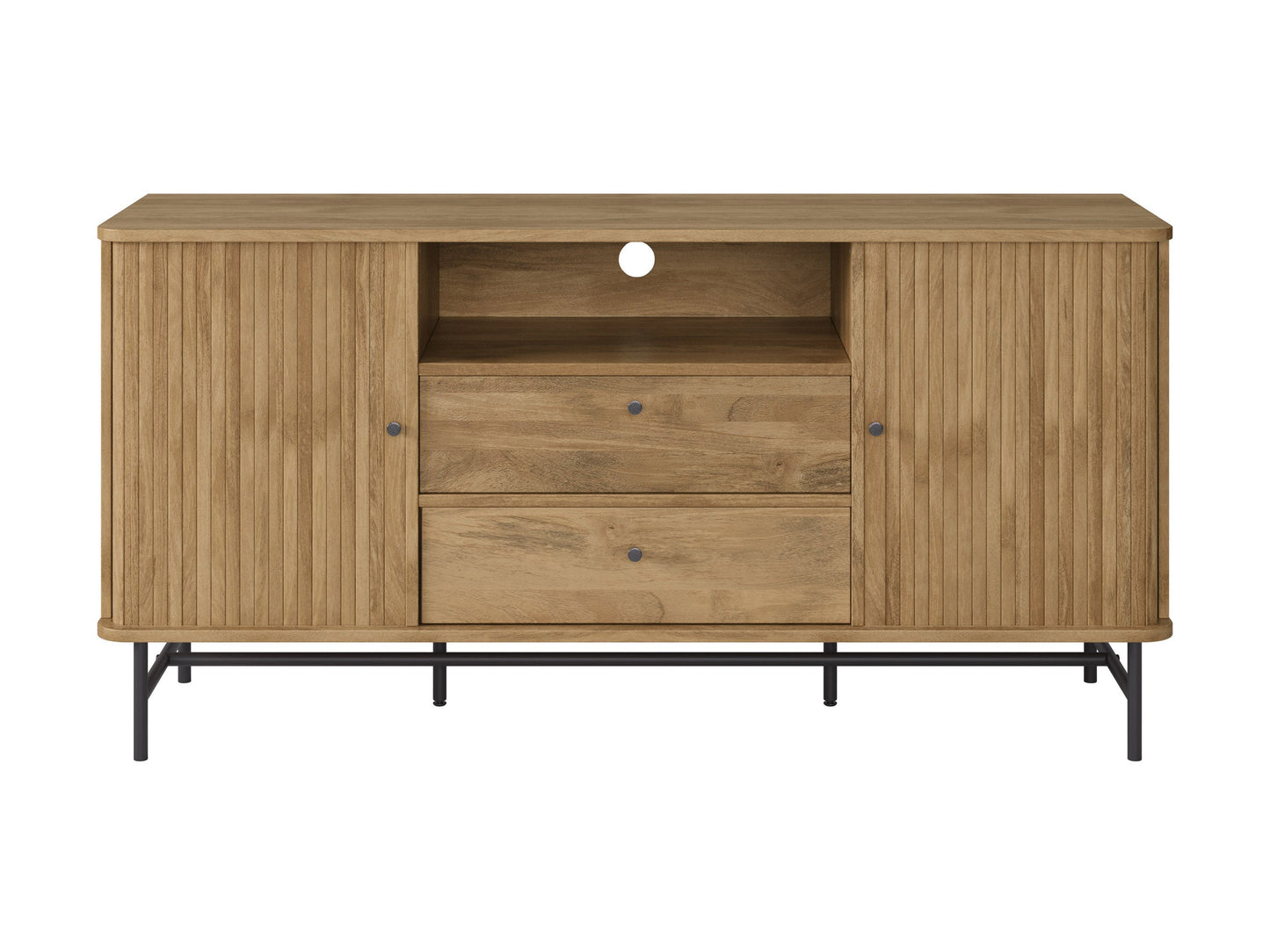 Curved sideboard buffet with grey wood finish, sleek metal legs, and ample storage space, ideal for modern interiors.
