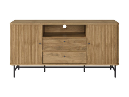 Curved sideboard buffet with grey wood finish, sleek metal legs, and ample storage space, ideal for modern interiors.