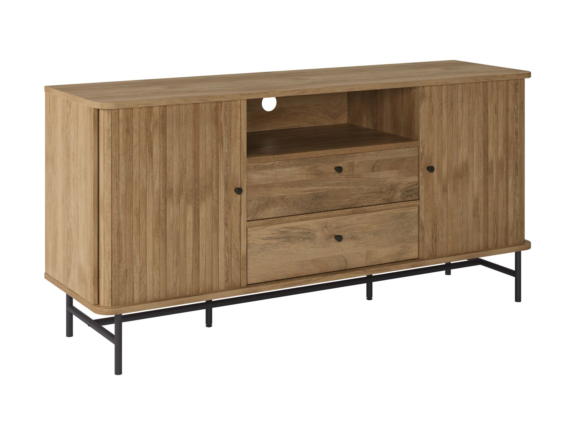Curved wooden sideboard buffet with sleek black metal legs and minimalist design.