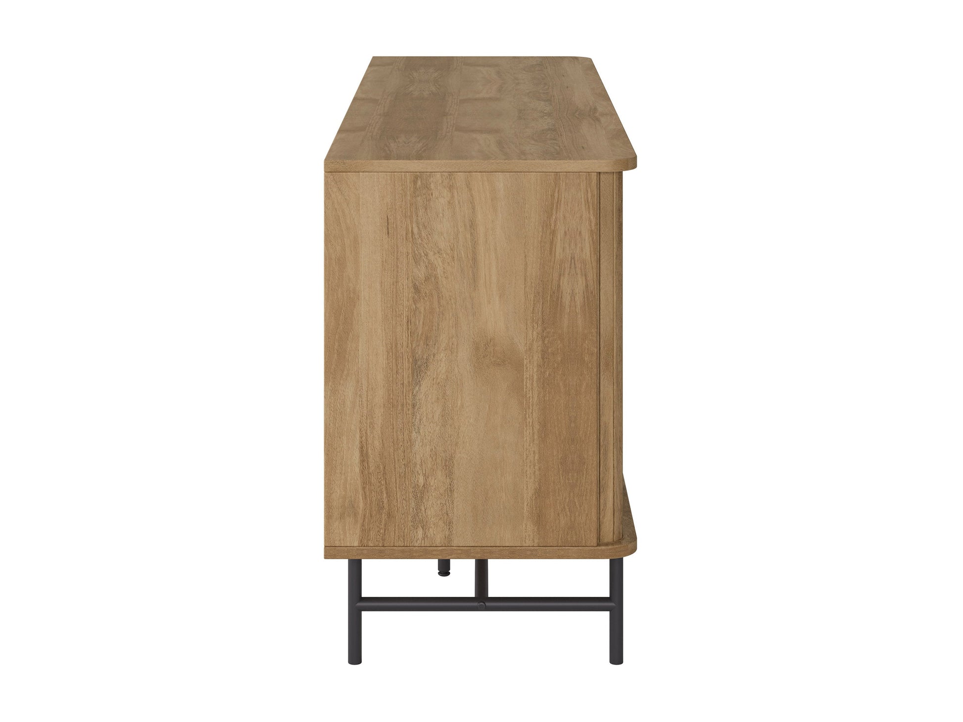 Curved sideboard buffet with walnut finish, sleek black metal legs, and ample storage space.
