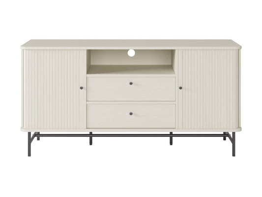White curved sideboard with sleek design, gold accents, and ample storage space for modern living rooms.