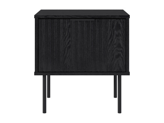 Black fluted side table with round top, textured finish, and sleek modern design.