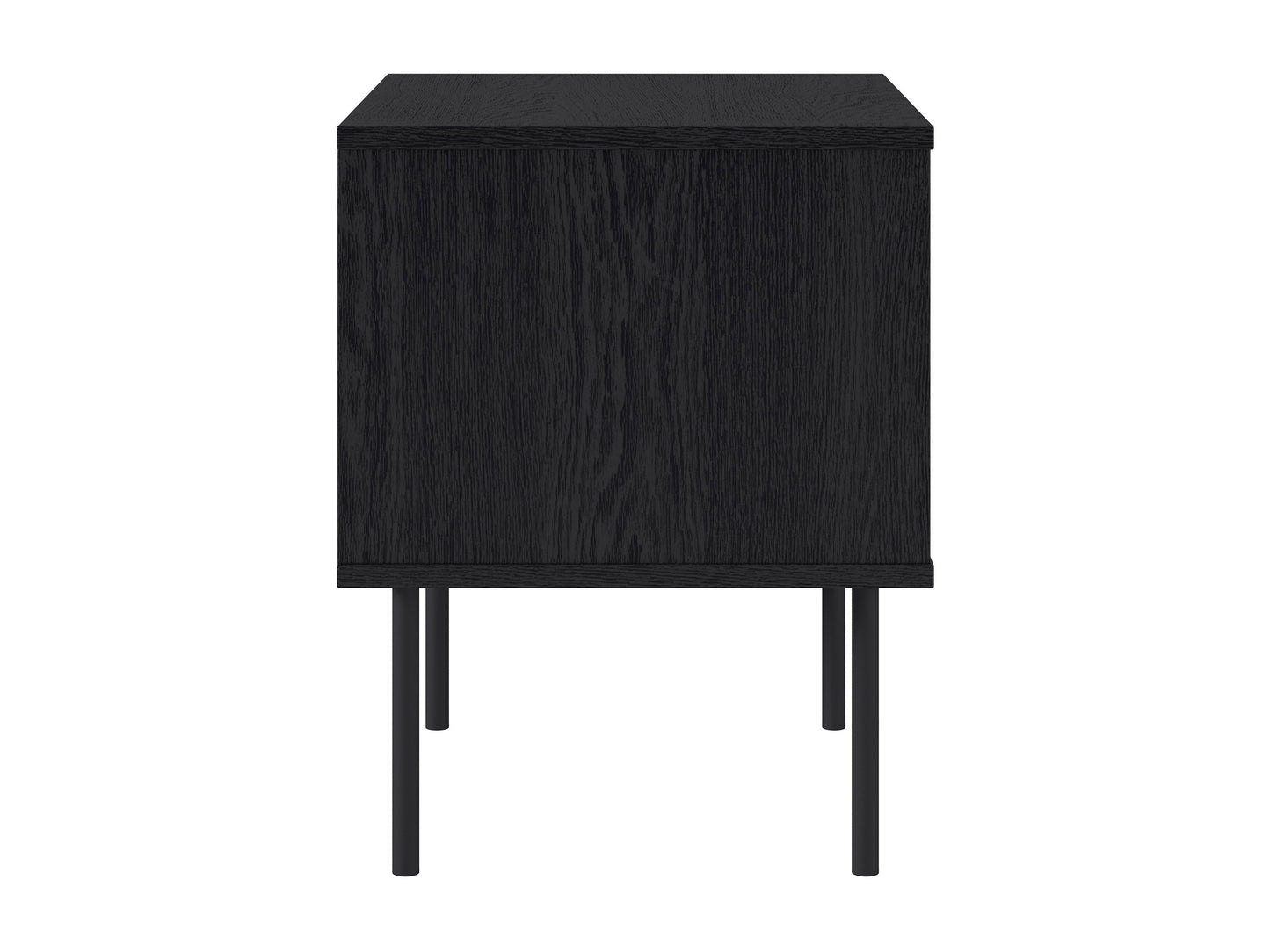 Black fluted side table with round top, ribbed texture, and sleek modern design.