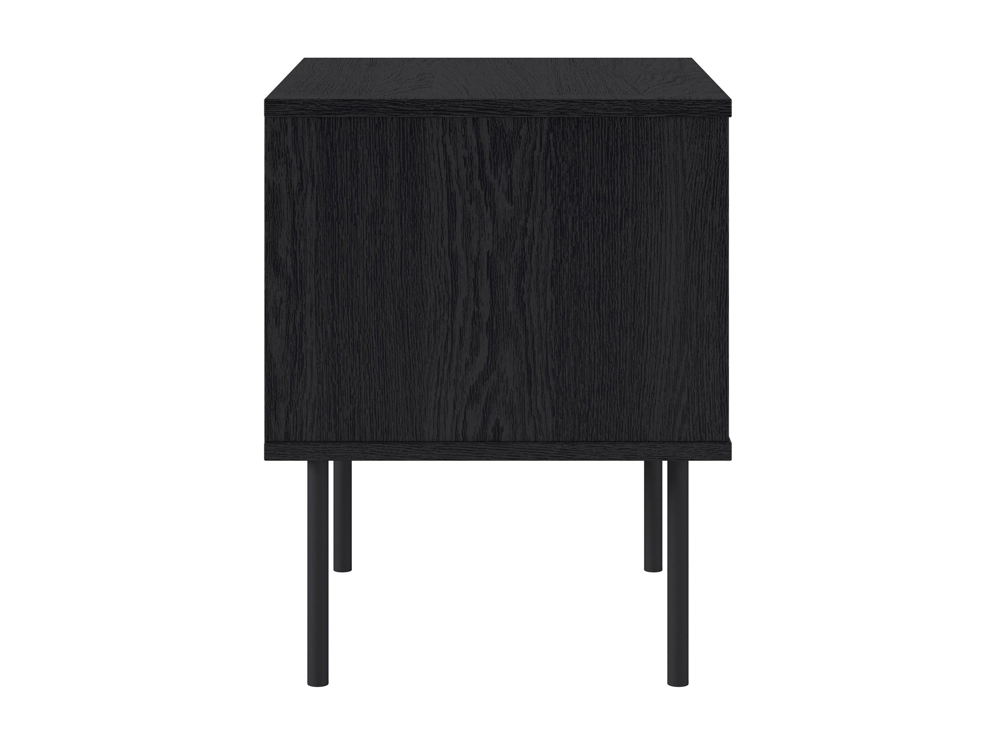 Black fluted side table with round top, ribbed texture, and sleek modern design.