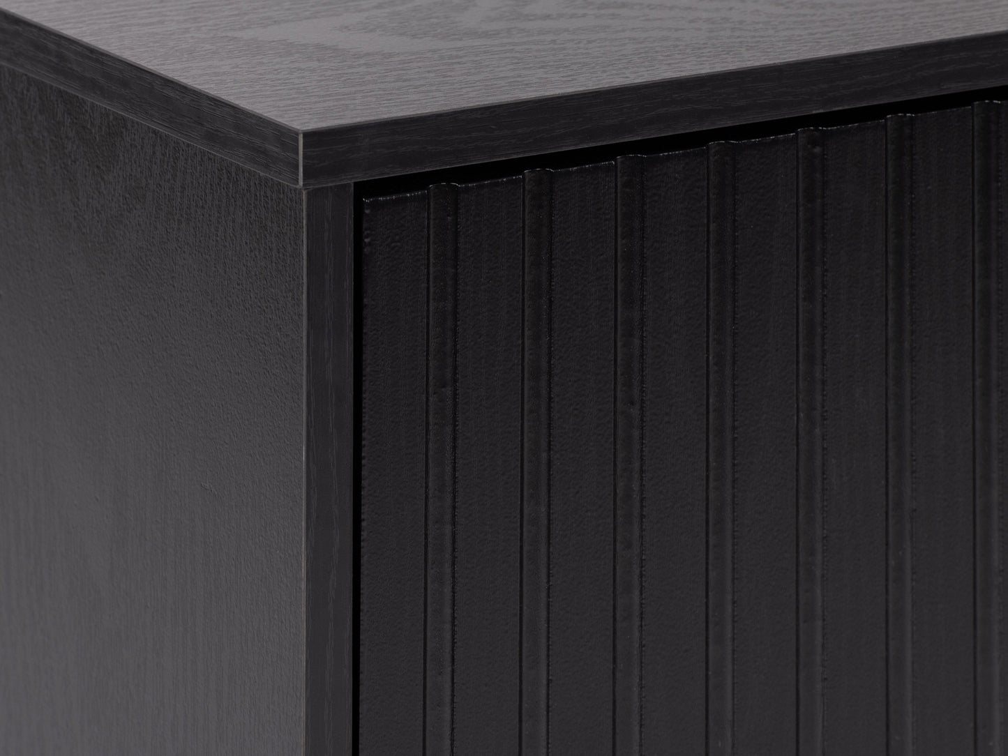 Black fluted TV stand with sleek design, open shelving, and gold metal accents for modern living rooms.