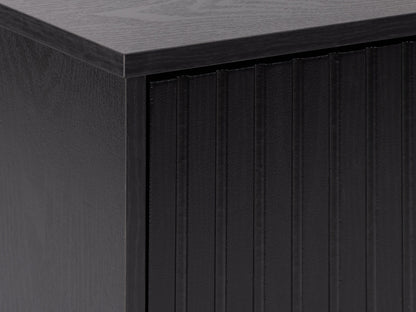 Black fluted TV stand with sleek design, open shelving, and gold metal accents for modern living rooms.