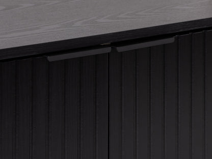 Black fluted TV stand with sleek design, open shelving, and gold accents.