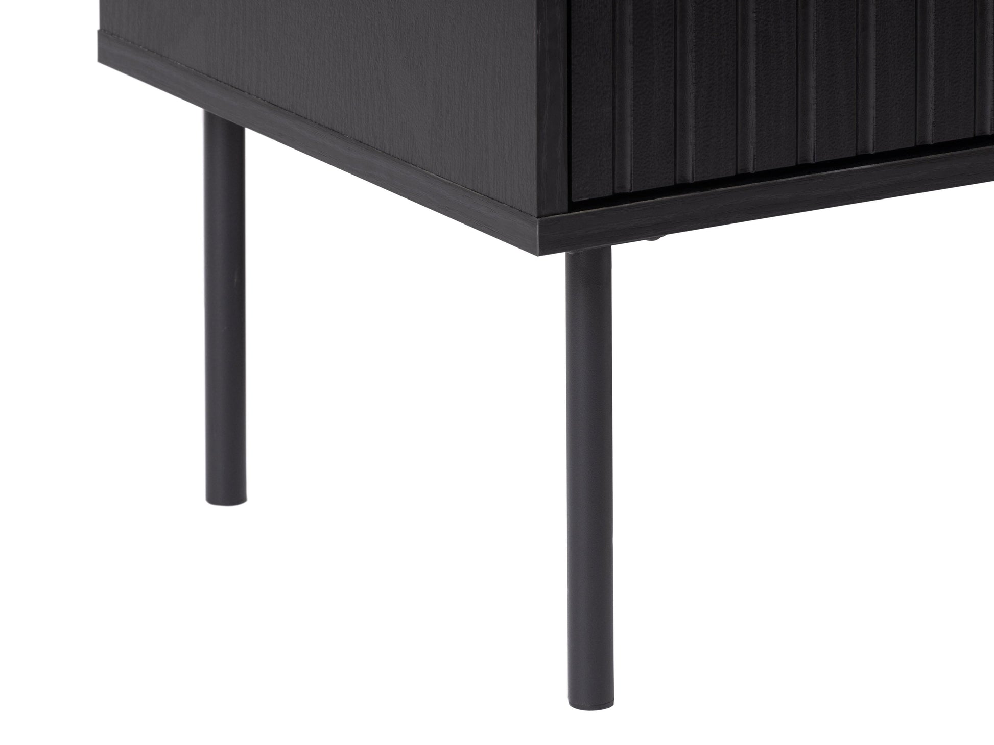 Black fluted TV stand with sleek design, gold accents, and ample storage space.