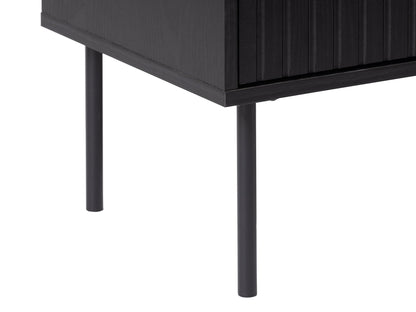 Black fluted TV stand with sleek design, gold accents, and ample storage space.
