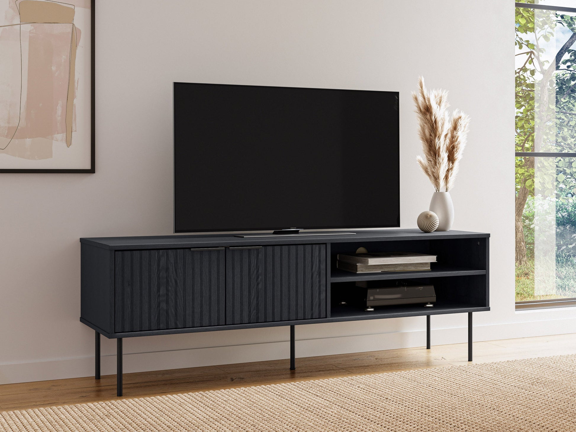 Black fluted TV stand with sleek design, two cabinets, and gold accents, perfect for modern living rooms.