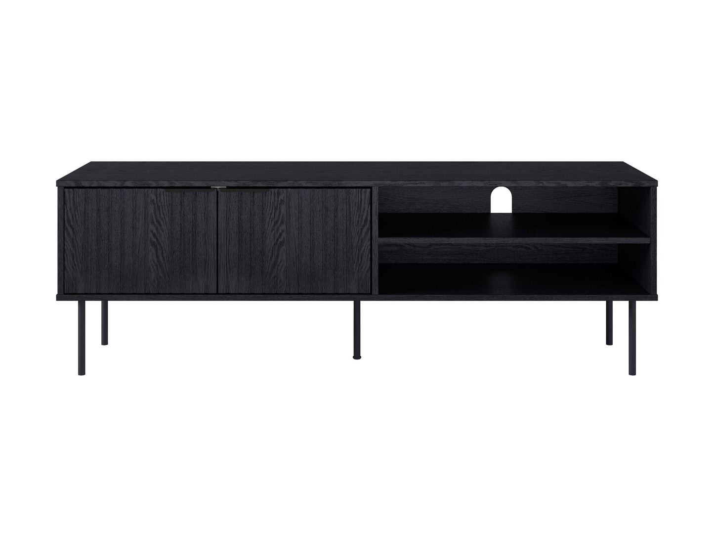 Black fluted TV stand with sleek minimalist design, featuring ample storage and modern black finish.