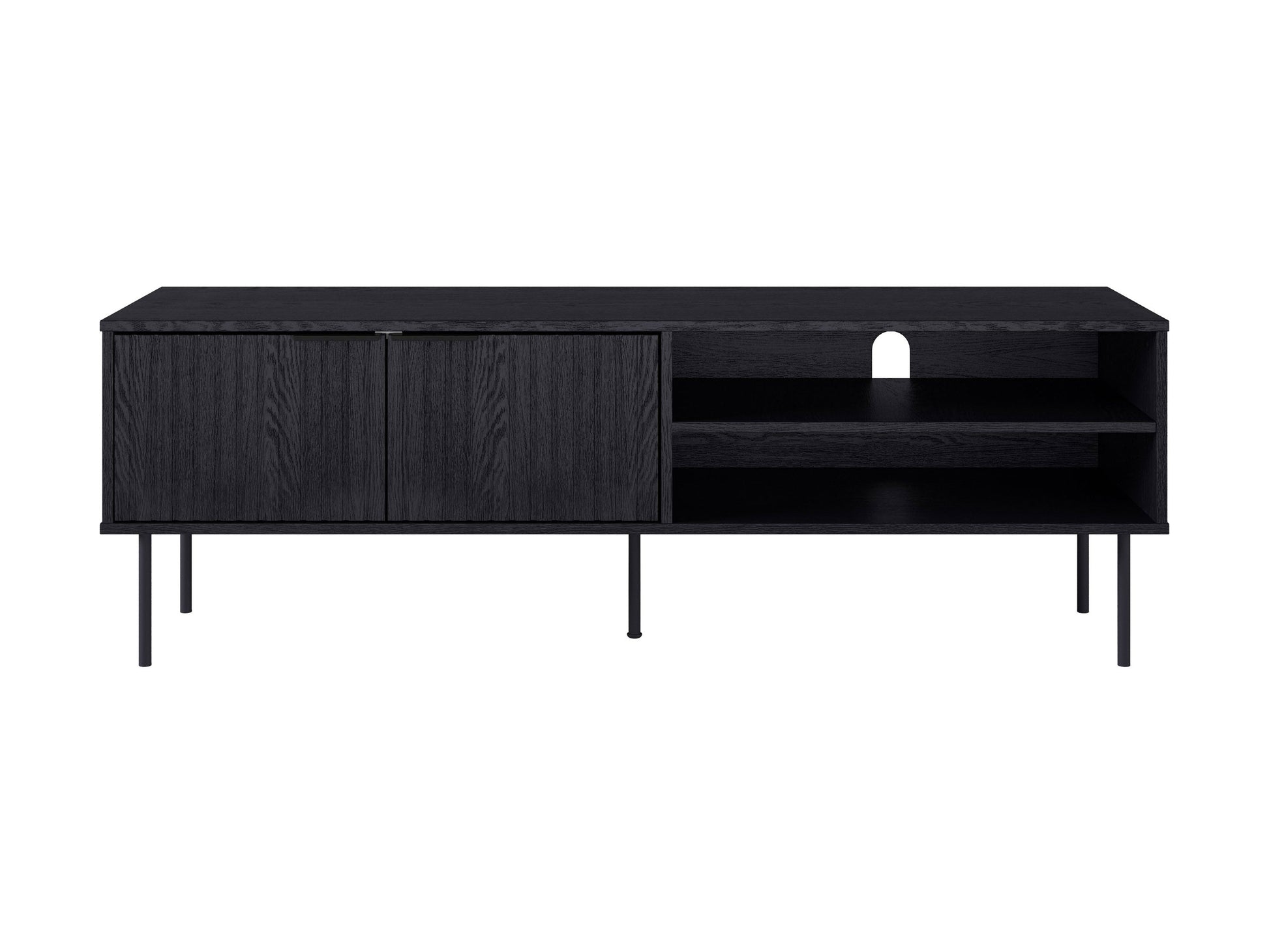Black fluted TV stand with sleek minimalist design, featuring ample storage and modern black finish.