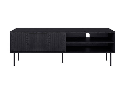 Black fluted TV stand with sleek minimalist design, featuring ample storage and modern black finish.