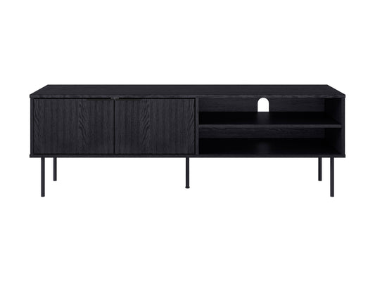 Black fluted TV stand with sleek minimalist design, featuring ample storage and modern black finish.