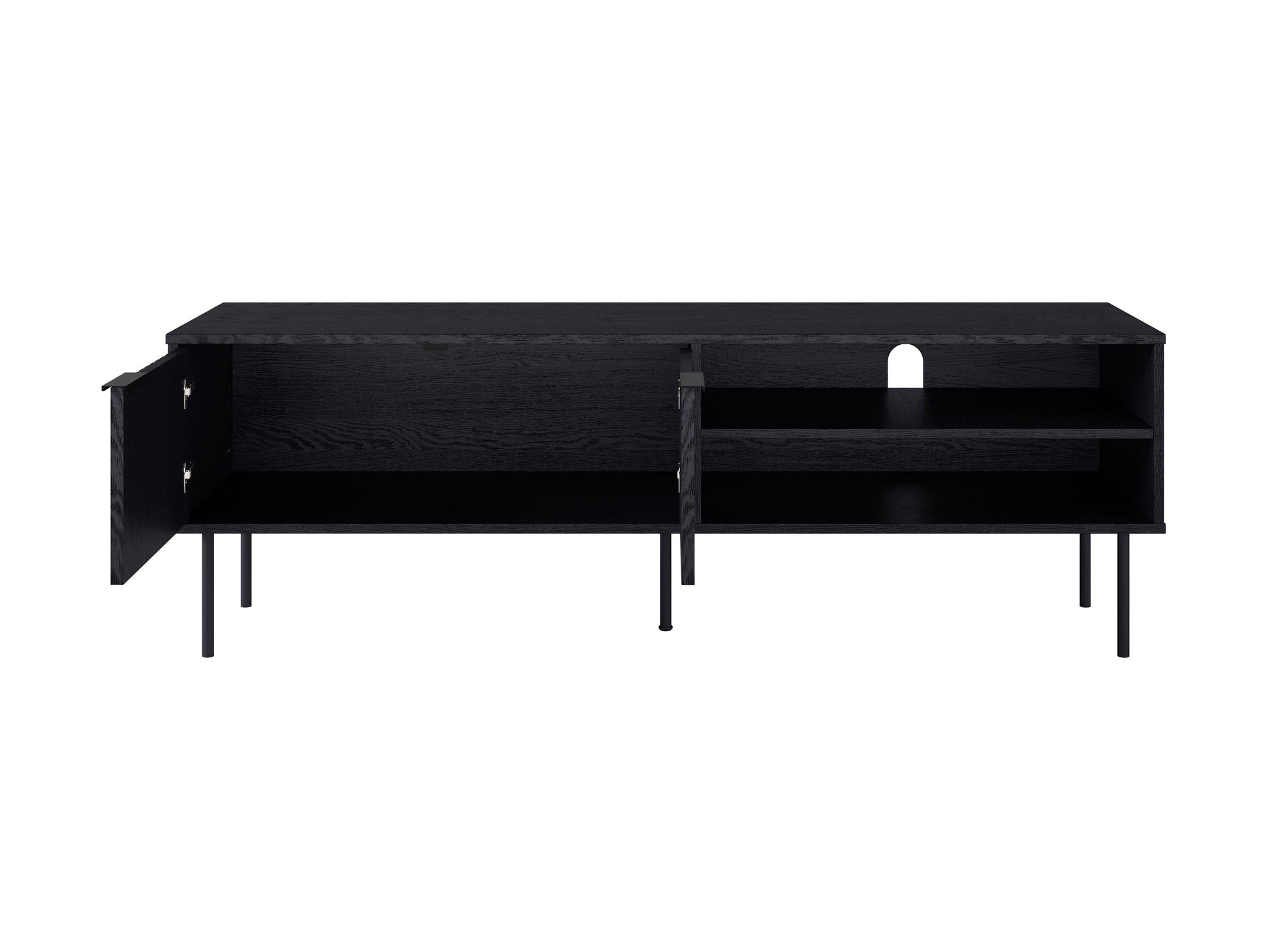 Black fluted TV stand with sleek design, ample storage, and gold accents for modern living rooms.