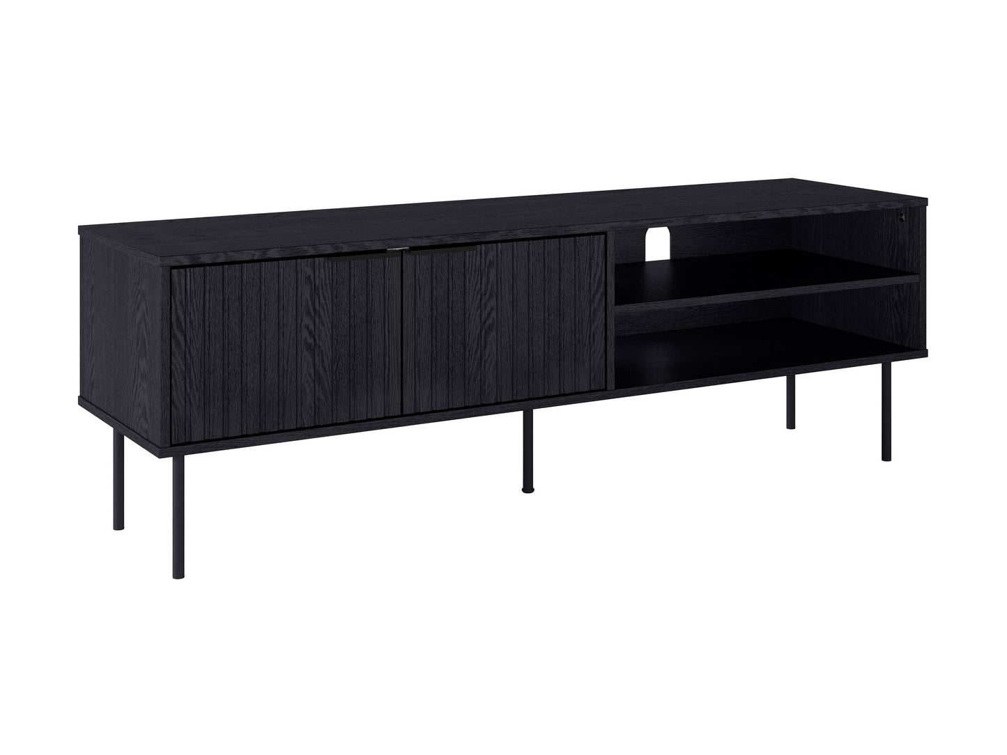 Black fluted TV stand with sleek design, textured finish, and ample storage space.