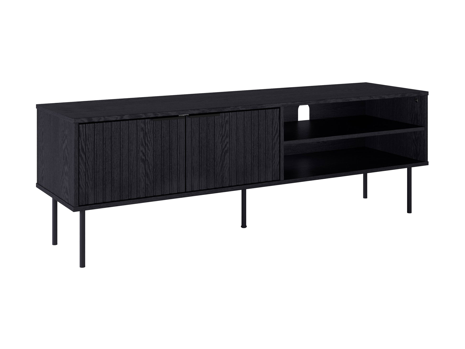 Black fluted TV stand with sleek design, textured finish, and ample storage space.