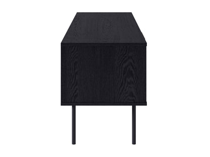 Black fluted TV stand with sleek design, ample storage, and gold accents.