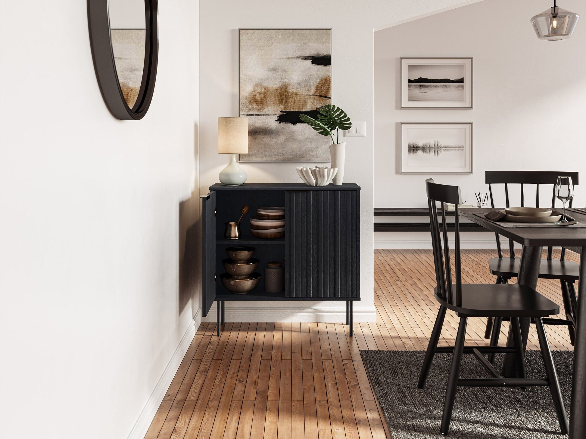 Elegant bar cabinet with dark wood finish, glass doors, and sleek metal handles, perfect for dining room storage.
