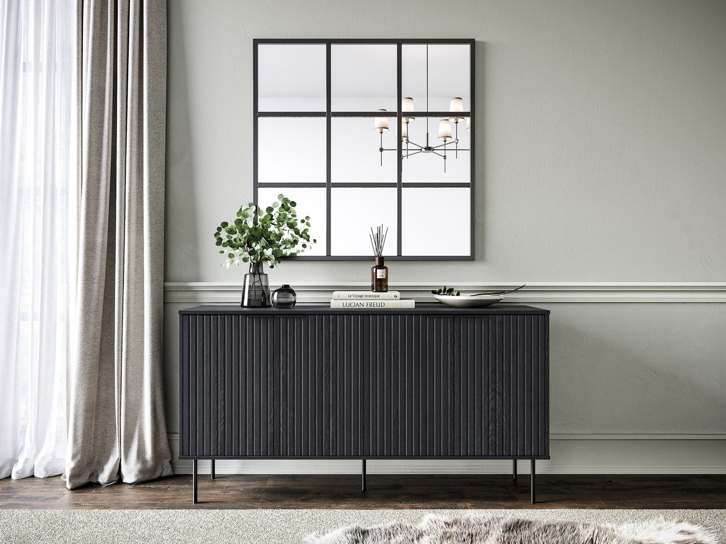 Modern sideboard buffet with white lacquer finish, natural wood accents, and sleek black metal legs.