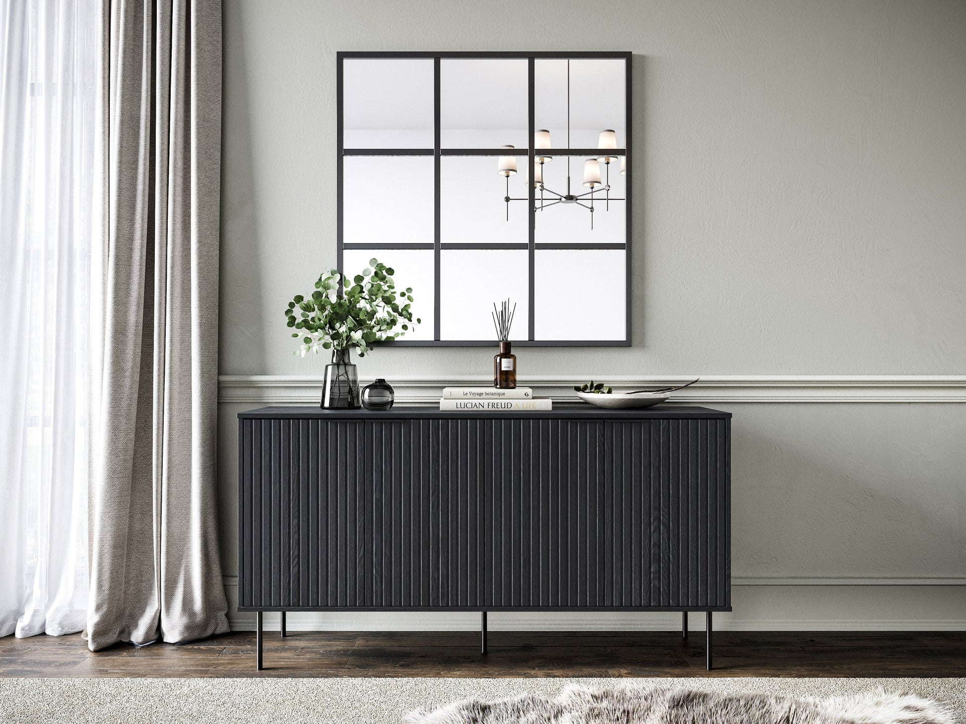 Modern sideboard buffet with white lacquer finish, natural wood accents, and sleek black metal legs.
