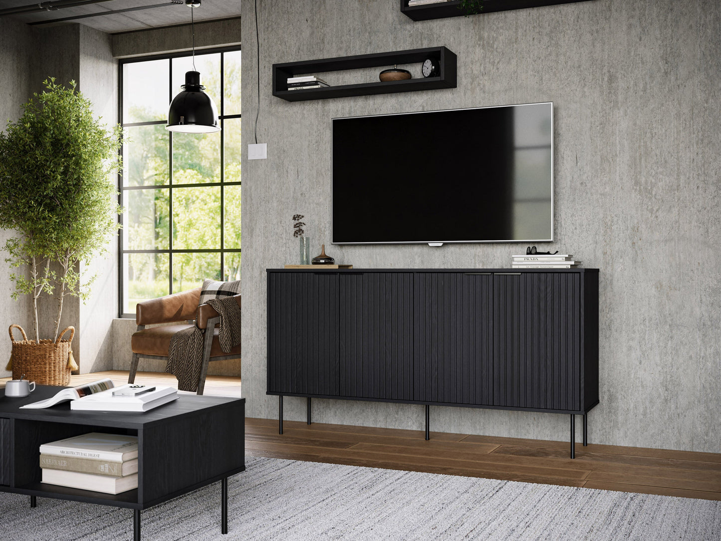 Modern grey sideboard buffet with wooden legs, sleek handles, and ample storage space for dining room or living room.