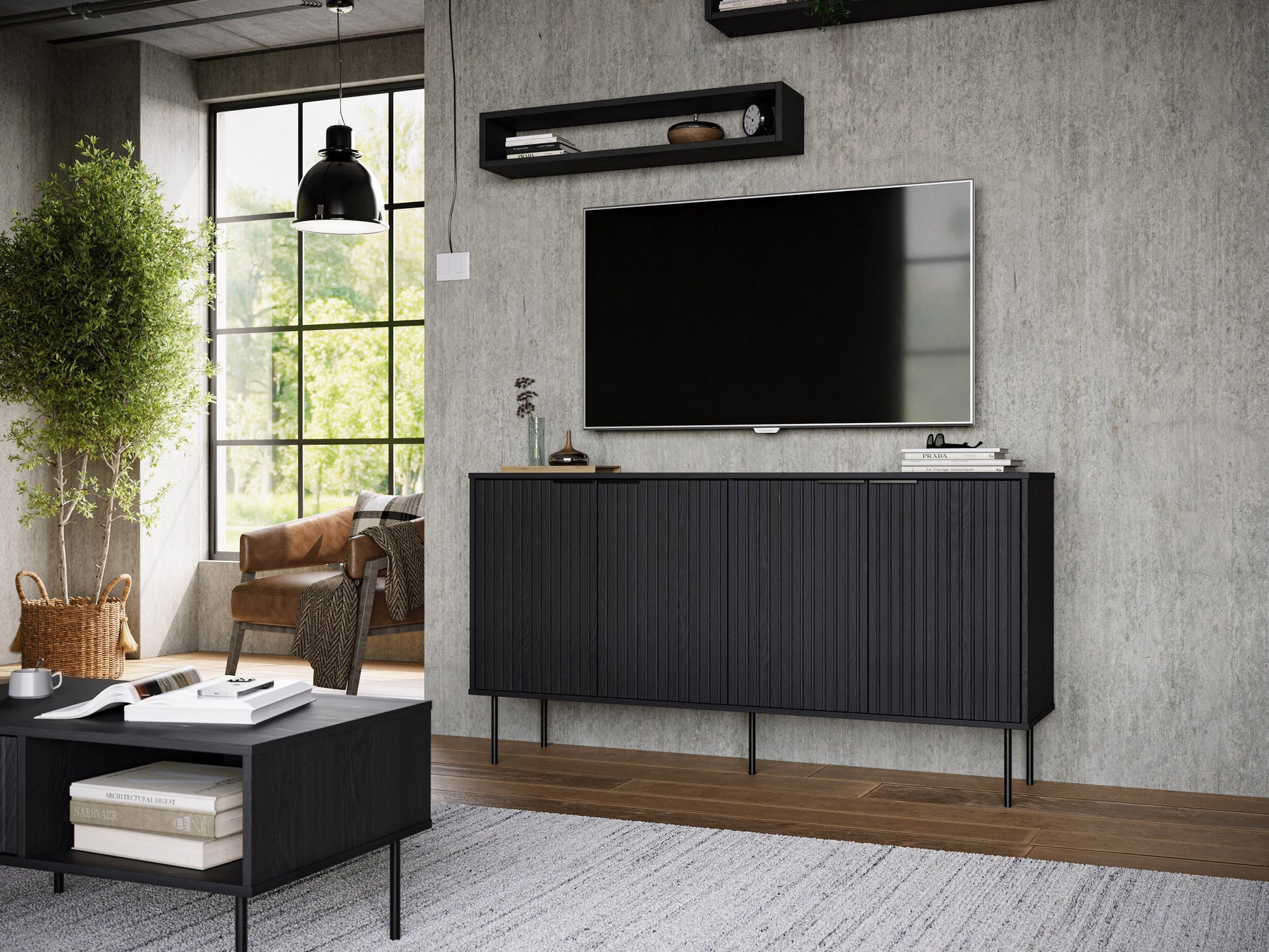 Modern grey sideboard buffet with wooden legs, sleek handles, and ample storage space for dining room or living room.
