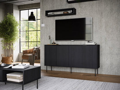 Modern grey sideboard buffet with wooden legs, sleek handles, and ample storage space for dining room or living room.