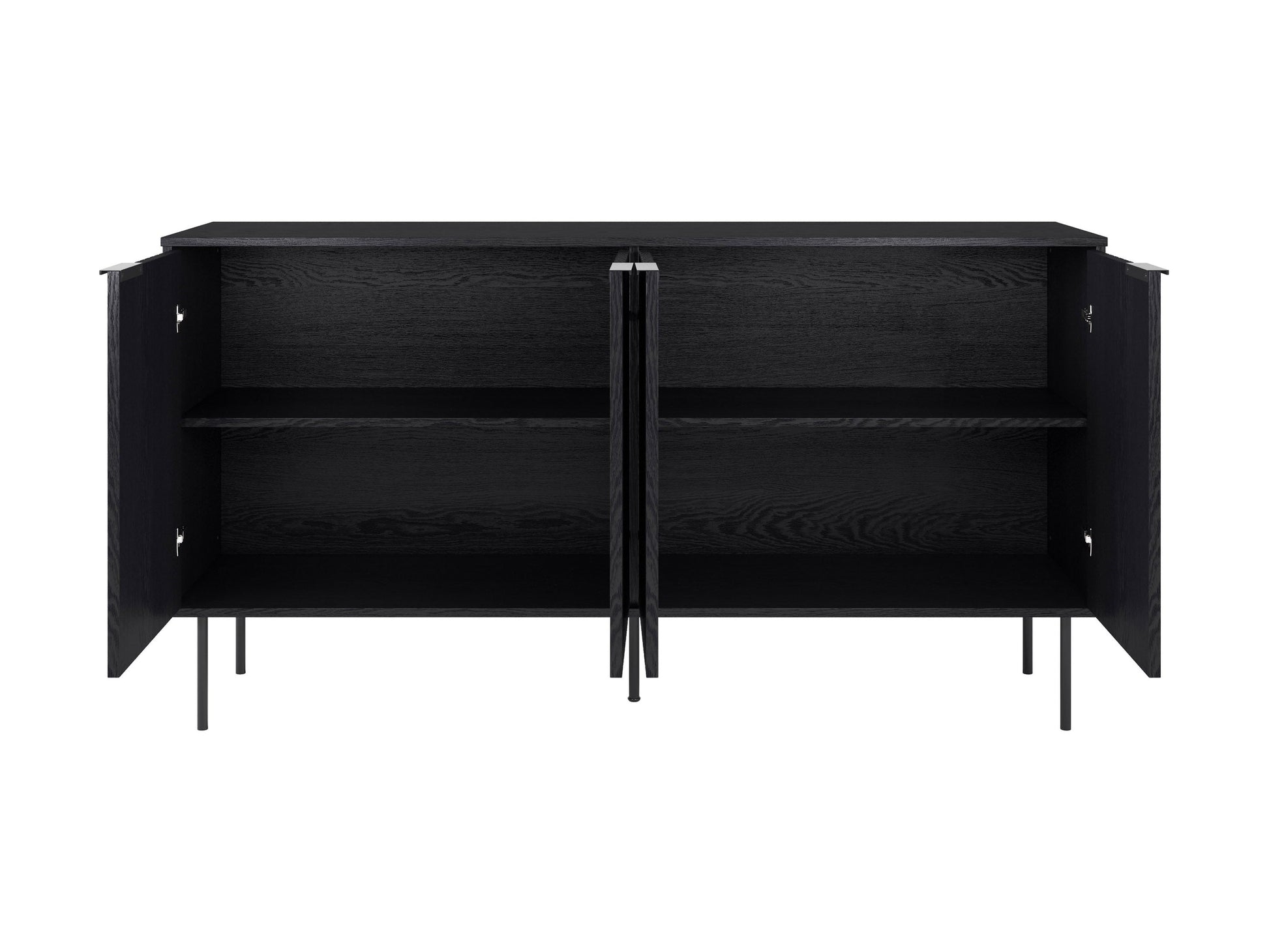 Modern sideboard buffet with white doors, natural wood frame, and sleek black metal legs.