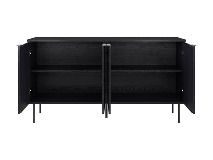 Modern sideboard buffet with white doors, natural wood frame, and sleek black metal legs.