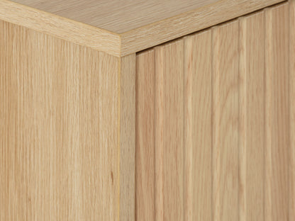 Light wood sideboard with sleek black metal legs, featuring spacious storage compartments and a minimalist design.