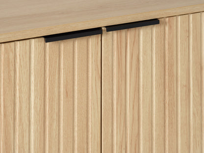 Light wood sideboard with sleek black metal legs, featuring spacious storage drawers and a minimalist design.