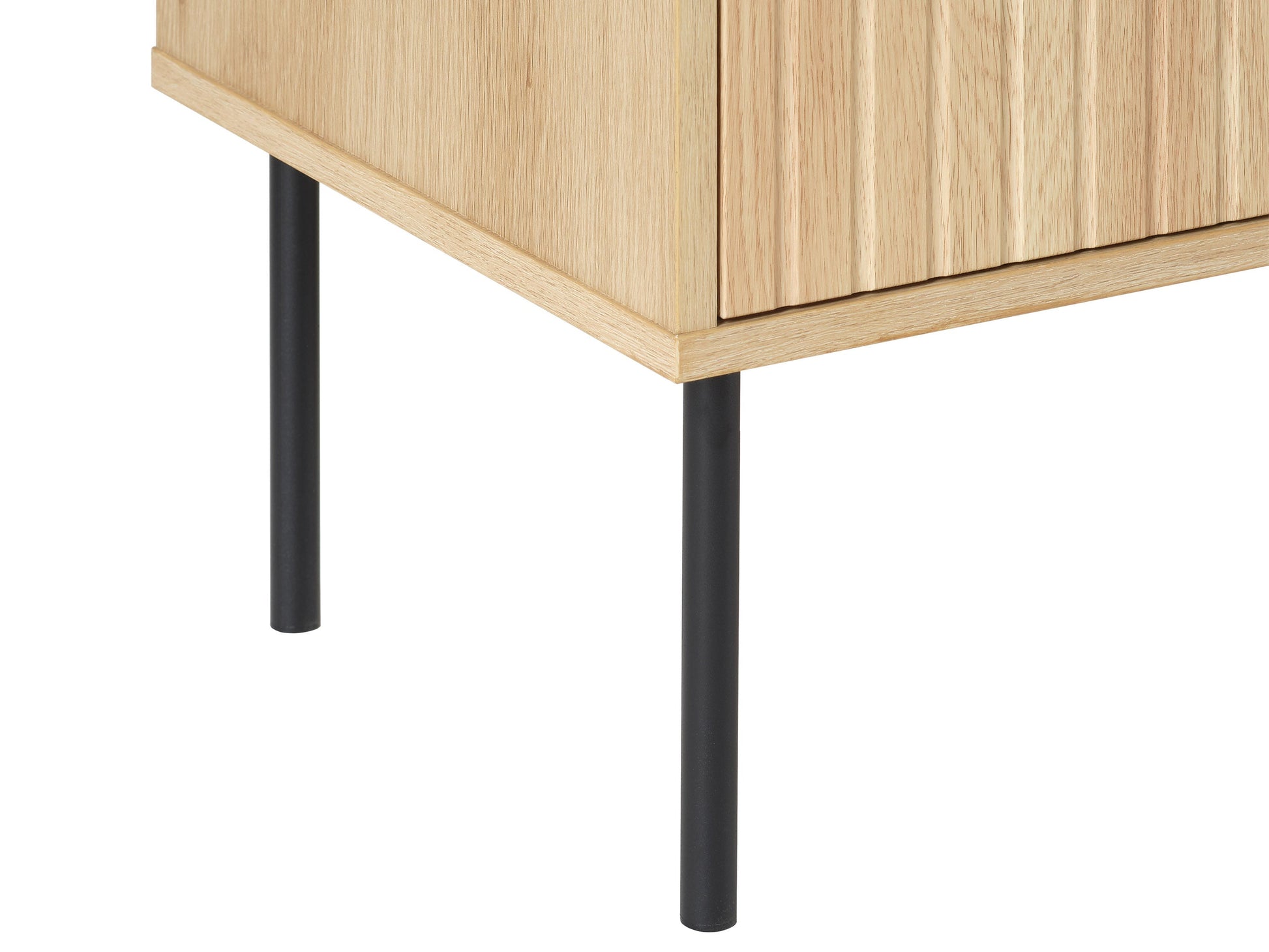 Light wood sideboard with sleek black metal legs, two doors, and minimalist design.