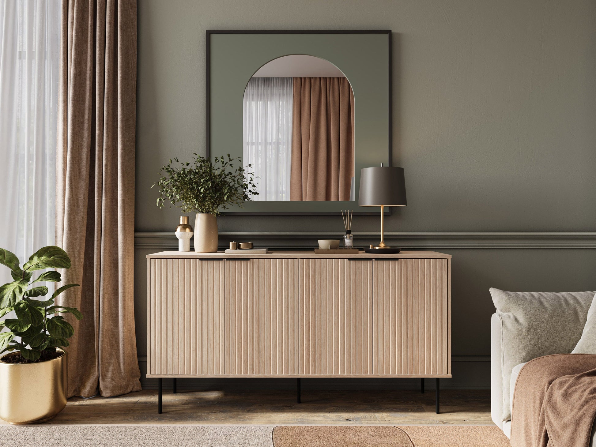 Light wood sideboard with three drawers, minimalist design, and sleek metal legs.