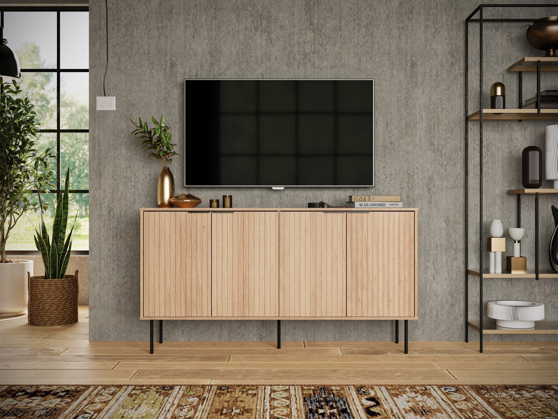 Light wood sideboard with sleek black metal legs, featuring ample storage and a minimalist design.