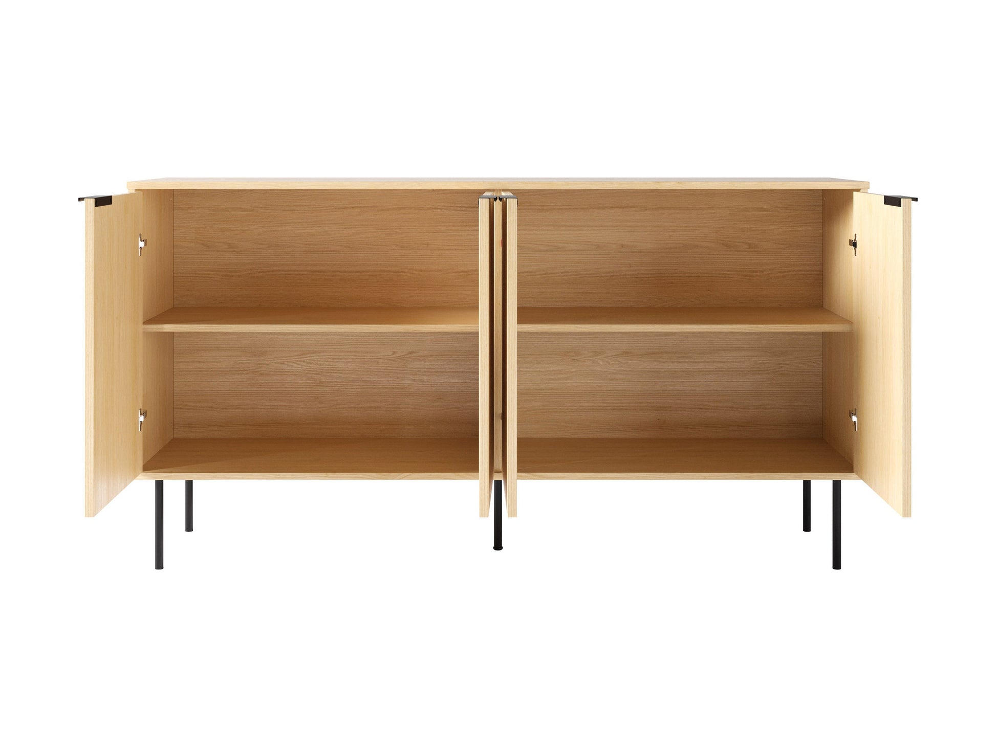 Light wood sideboard with sleek black metal legs, minimalist design, and ample storage space.