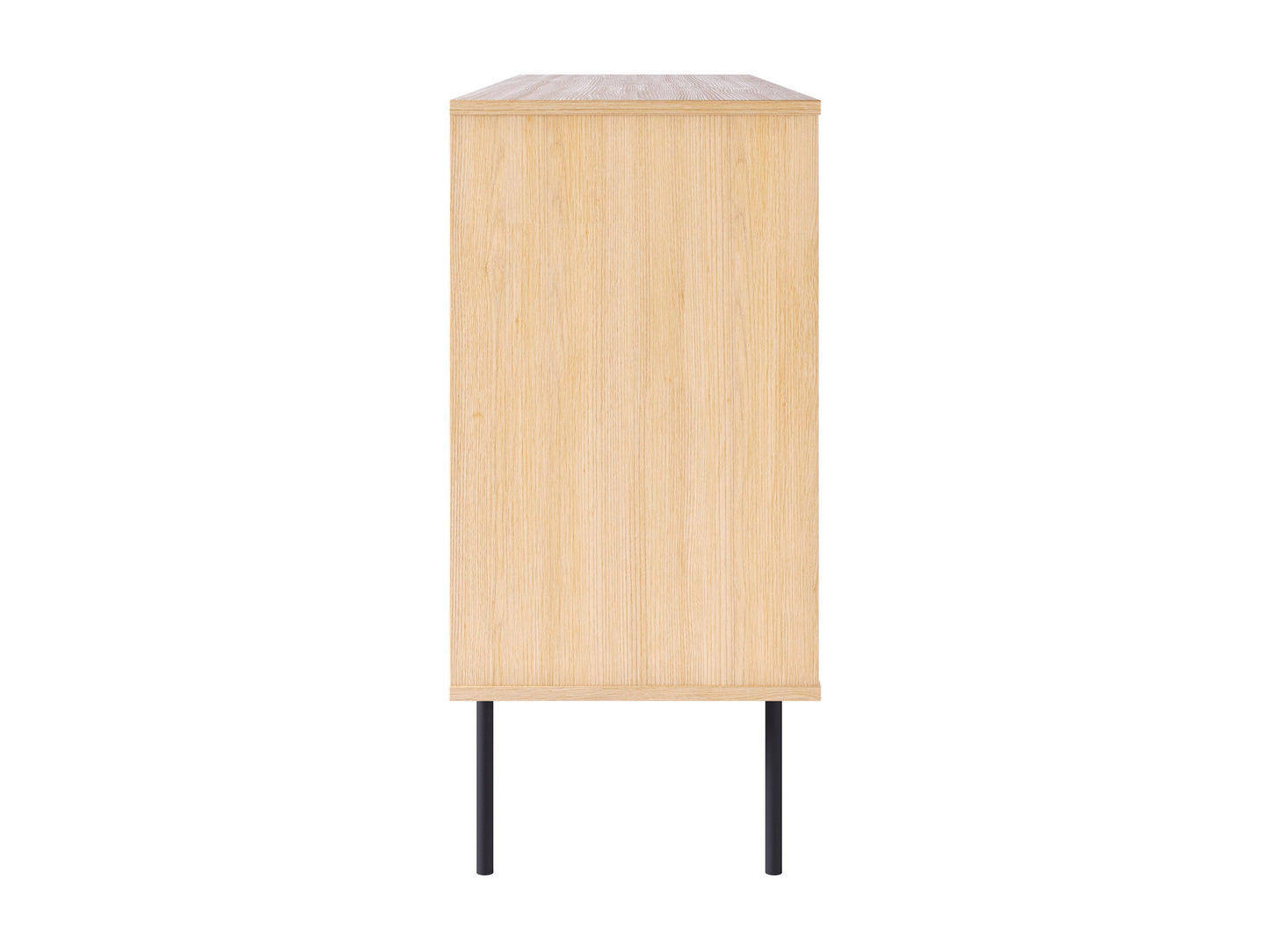 Light wood sideboard with sleek black metal legs, minimalist design, and ample storage space.