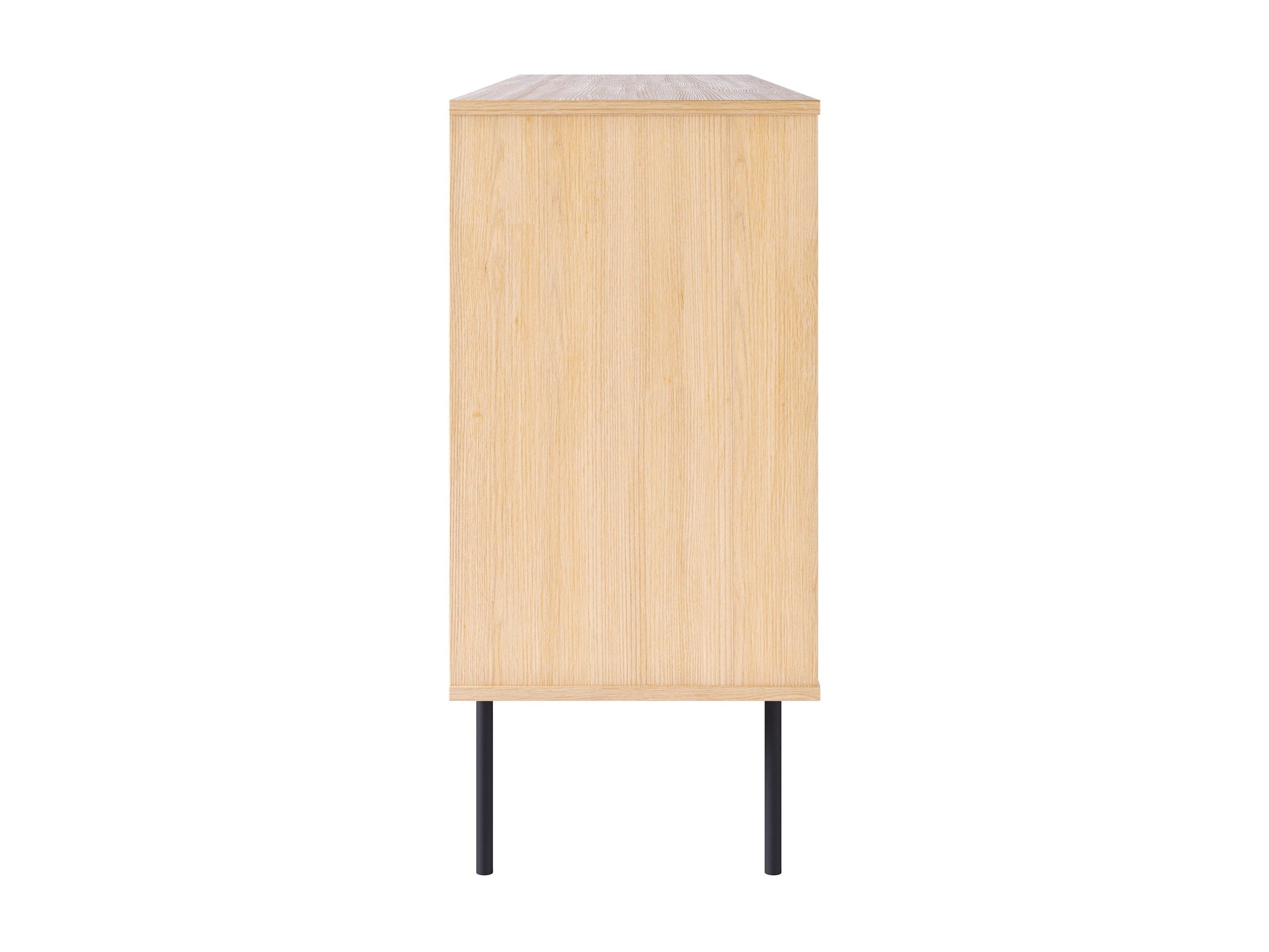 Light wood sideboard with sleek black metal legs, minimalist design, and ample storage space.
