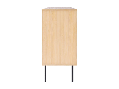 Light wood sideboard with sleek black metal legs, minimalist design, and ample storage space.