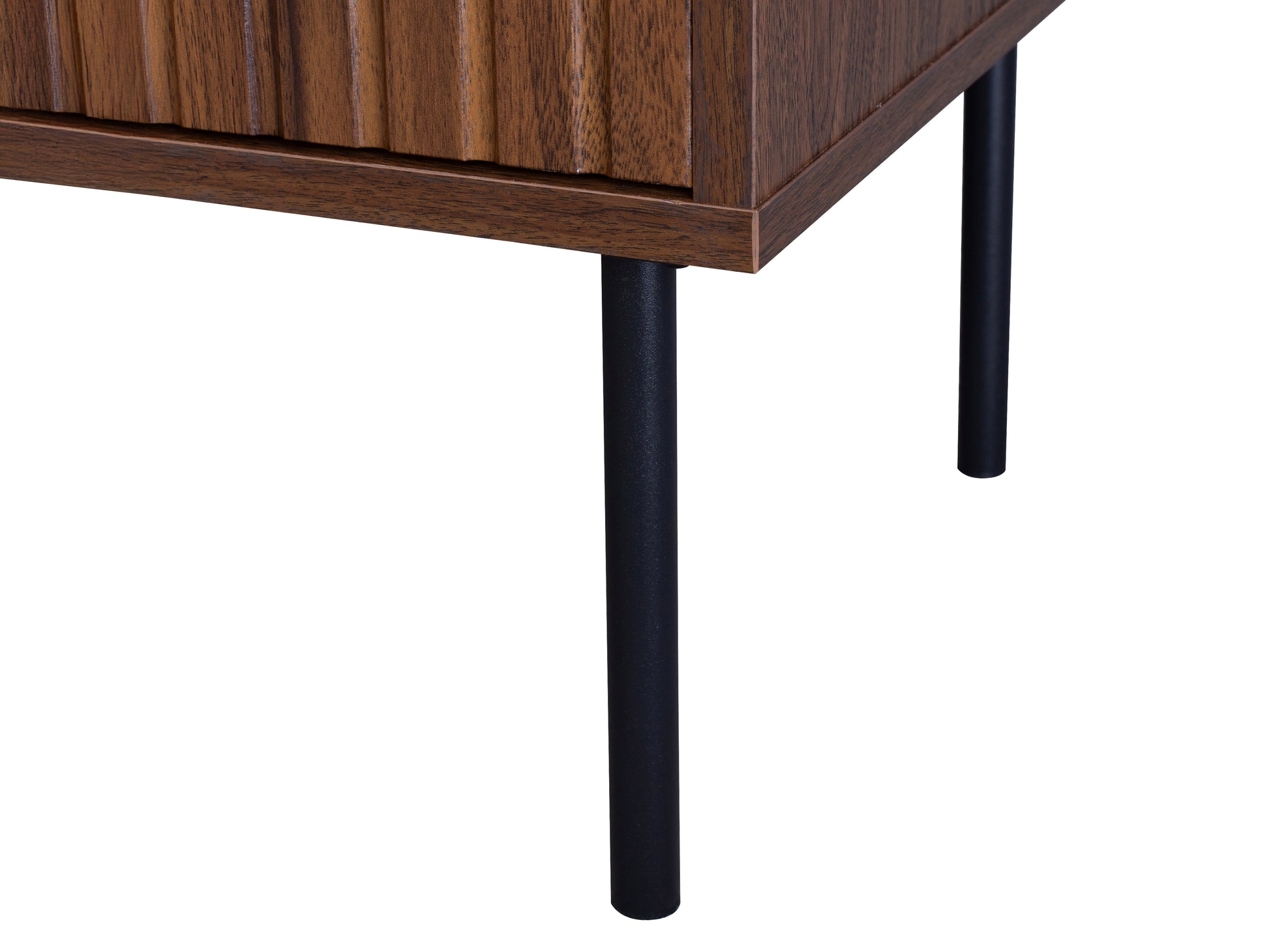 Fluted walnut sideboard cabinet with sleek black metal legs, featuring a rich walnut finish, vertical fluted texture, and spacious storage compartments with modern design.