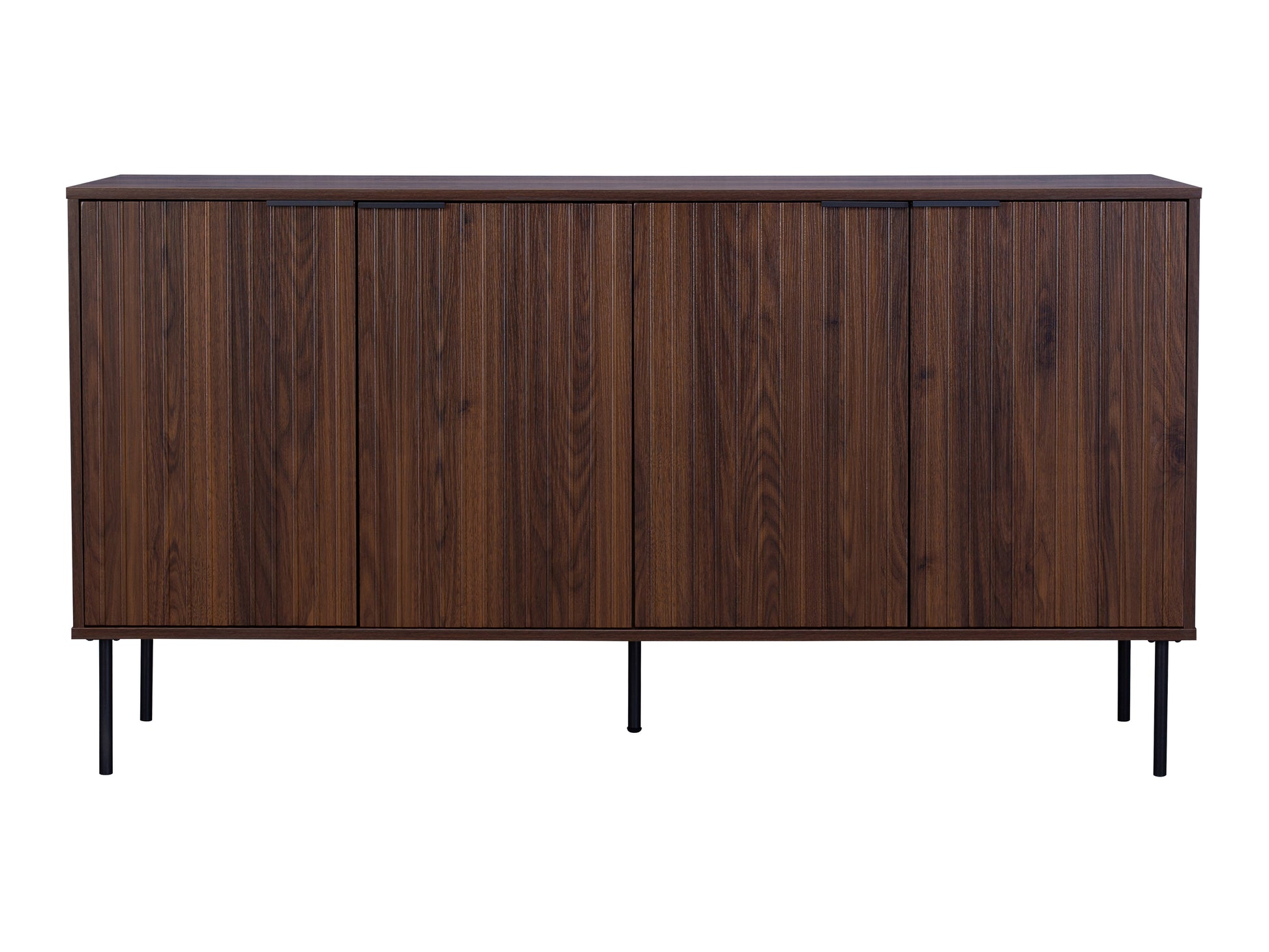 Fluted walnut sideboard cabinet with sleek, vertical grooves, rich brown finish, and minimalist design. Features two spacious compartments and sturdy legs. Ideal for modern living rooms and dining areas.