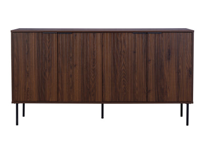 Fluted walnut sideboard cabinet with sleek, vertical grooves, rich brown finish, and minimalist design. Features two spacious compartments and sturdy legs. Ideal for modern living rooms and dining areas.